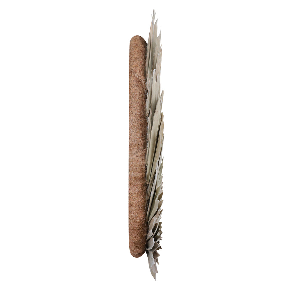 Vickerman Natural Botanicals 24" Natural Palm Sun Wreath. This wreath measures 24 inches in diameter. It features natural palm sun leaves on a coco fiber base. This is a dried and preserved natural product.