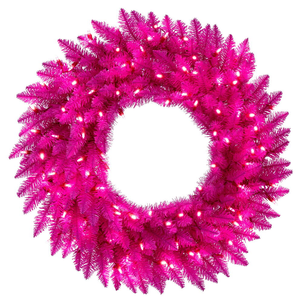 Vickerman 24" Hot Pink Artificial Pre-Lit Wreath with 50 Pink LED Mini Lights and 140 Realistic PVC Tips.