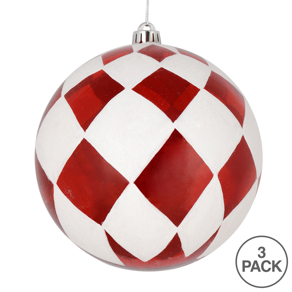 Vickerman 6" Red Ball with White Diamond Glitter Christmas Ornament Set of 3