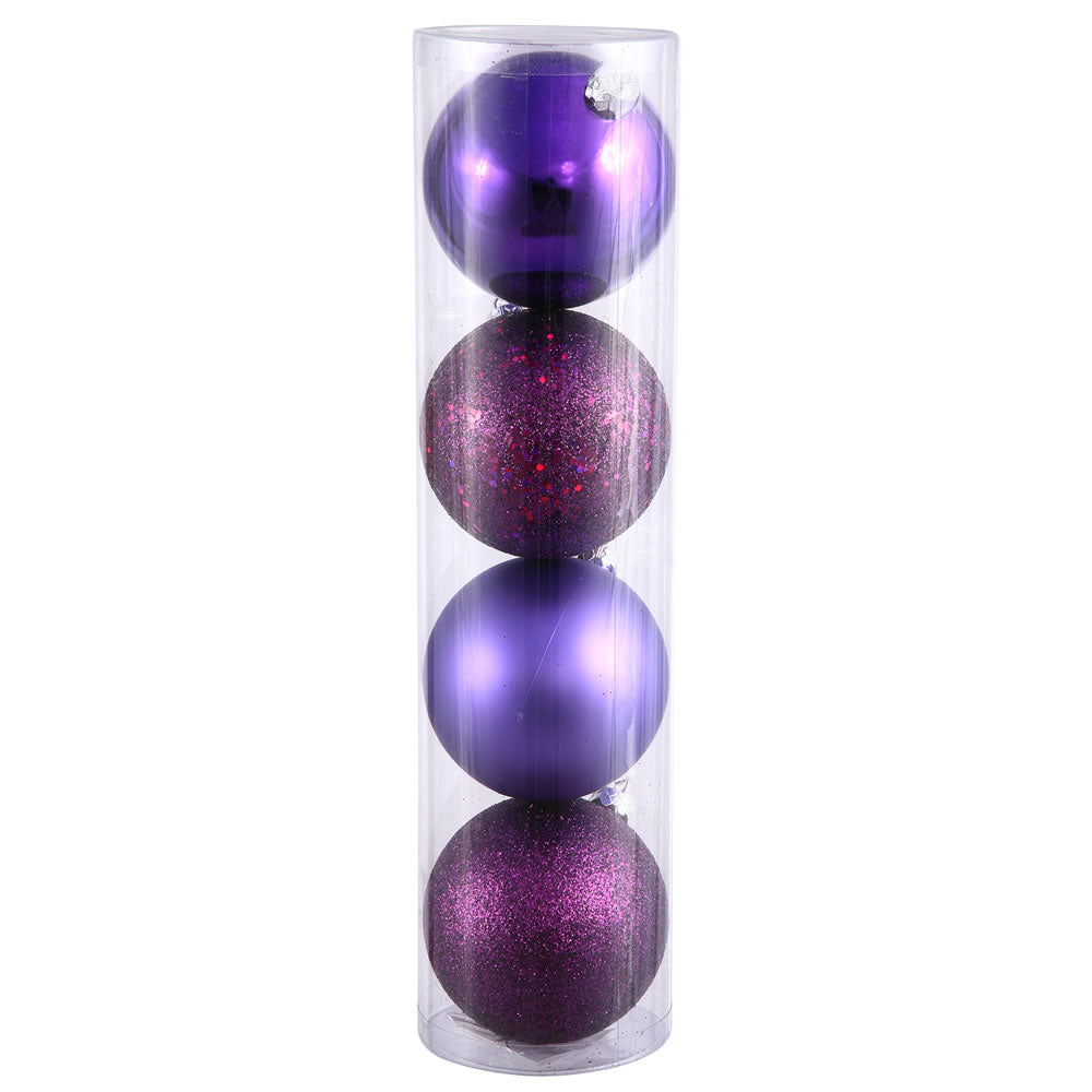 Vickerman 8" Plum 4-Finish Ball Ornament Assortment 4 per Bag