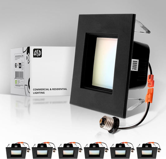 ASD Lighting LED Square Downlight Retrofit Kit 4" 8.6W 120V CCT Selectable 2700/3000/3500/4000/5000K Dimmable PC, Baffle Trim, Black UL 6pack