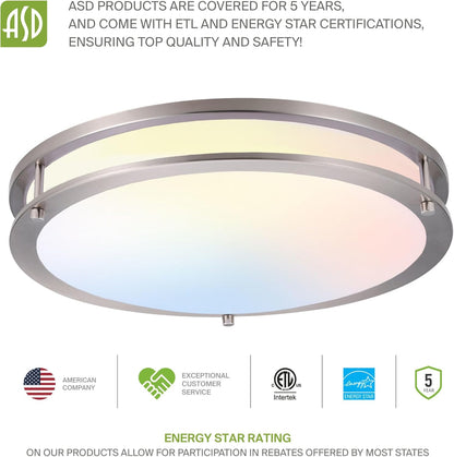 ASD Lighting LED Double Ring Flushmount 10inch 16W 120V Triac 3000/4000/5000K Nickel ETL/4000/5000K Dimmable Brushed Nickel ETL Energy Star