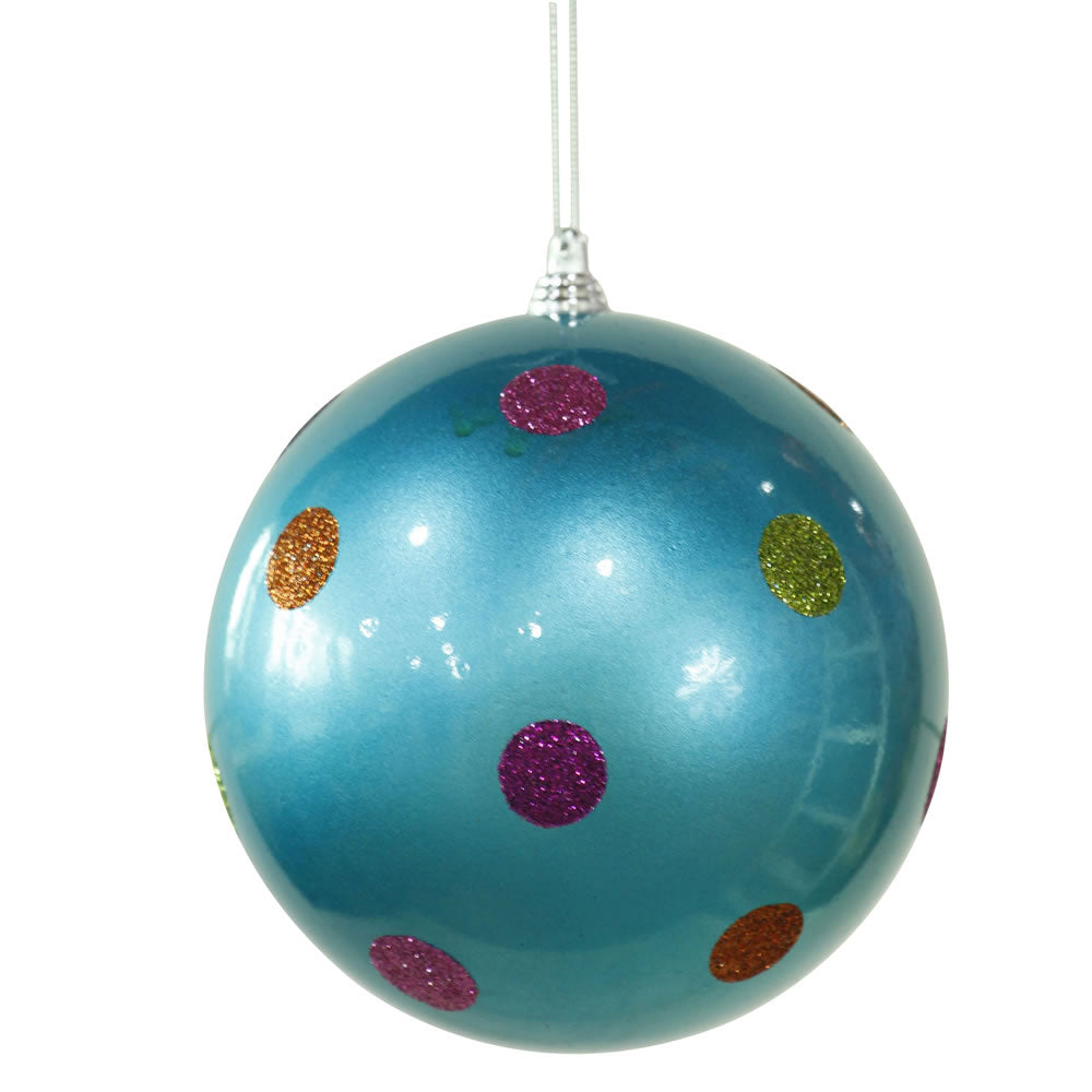Vickerman 5.5" Turquoise Candy Finish Ball Christmas Ornament with Multi-Colored Polka Dots