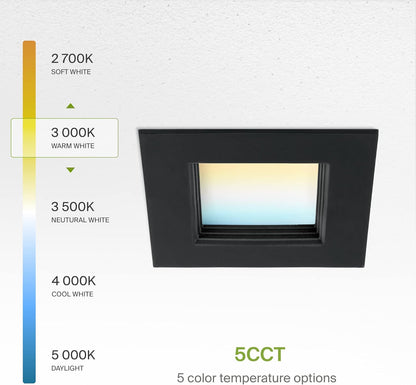 ASD Lighting LED Square Downlight Retrofit Kit 4" 8.6W 120V CCT Selectable 2700/3000/3500/4000/5000K Dimmable PC, Baffle Trim, Black UL 6pack