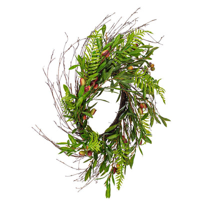 Vickerman 22" Artificial Green Olive Wreath. Features green foliage with dark orange olives.