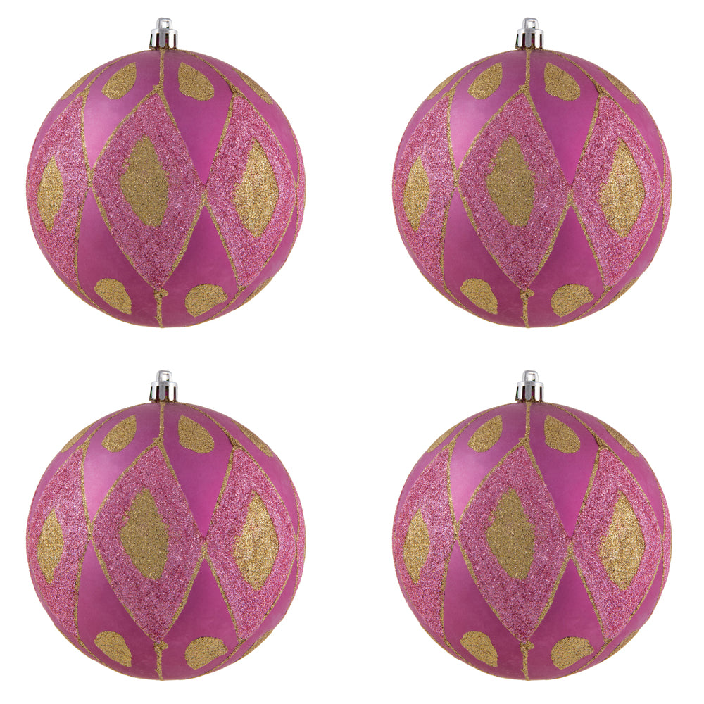 Vickerman 4.75" Mauve Matte Ball with Glitter Diamond Pattern. Add variety and sparkle to your holiday arrangement with this matte ornament that features a glitter pattern. Includes 4 pieces per bag. Made with shatterproof plastic. Ornament has a drilled