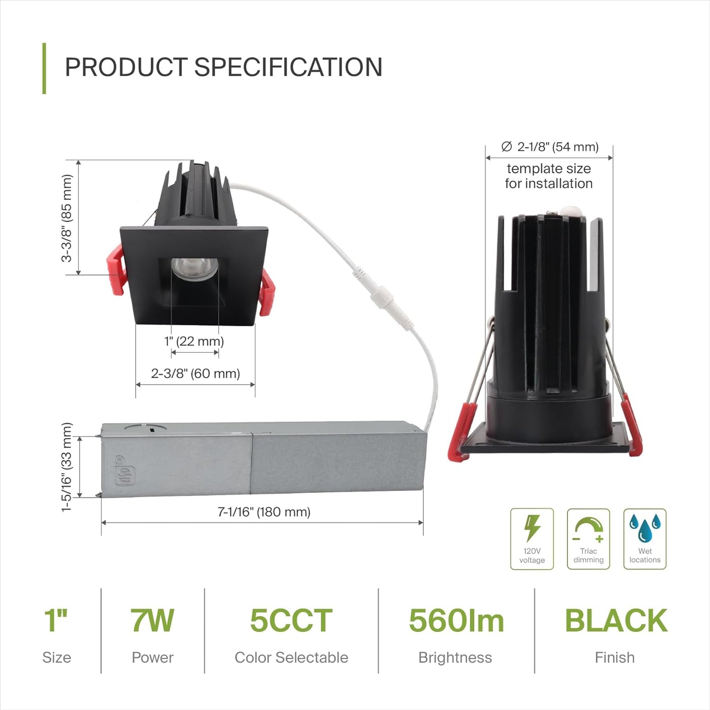 ASD Lighting LED Downlight Square 1inch 7W 120V Triac 2700/3000/3500/4000/5000K Black ETL Energy Star