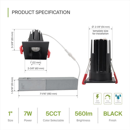 ASD Lighting LED Downlight Square 1inch 7W 120V Triac 2700/3000/3500/4000/5000K Black ETL Energy Star