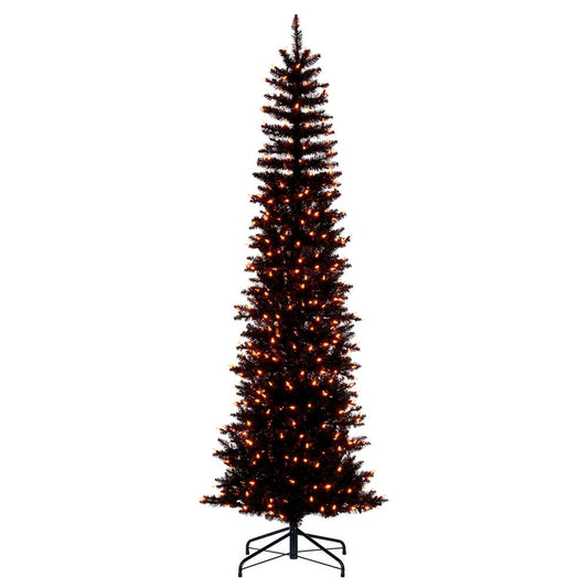 Vickerman 9.5' x 42" Black Pencil Artificial Pre-Lit Christmas Tree with 700 Dura-Lit® Orange LED Mini Lights. It measures 114 inches tall, and 28 inches wide, which is considered a pencil profile. This tree boasts 1700 tips for a realistic look. Pre-lit