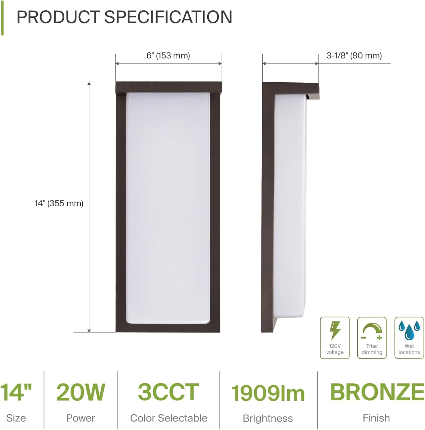 ASD Lighting LED Outdoor Wall Sconce 14" 20W CCT Selectable 3000/4000/5000K Dimmable Oil Rubbed Bronze ETL