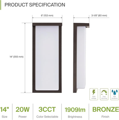 ASD Lighting LED Outdoor Wall Sconce 14" 20W CCT Selectable 3000/4000/5000K Dimmable Oil Rubbed Bronze ETL