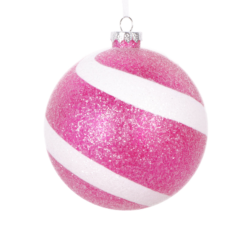 Vickerman 4.75" Fuchsia and White Swirl Sugar Glitter Ball Ornament 3 per bag.