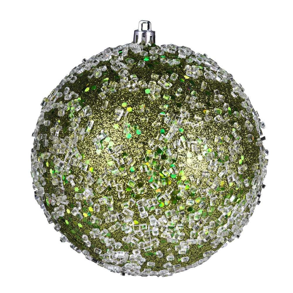 Vickerman 4" Olive Glitter Hail Ball Drilled Wired 6/Bag. These ornaments feature a drilled cap with looped wire to ensure that decorating is a breeze. They are made with plastic to reduce the likelihood of breaking when dropped. Includes 6 pieces per pac