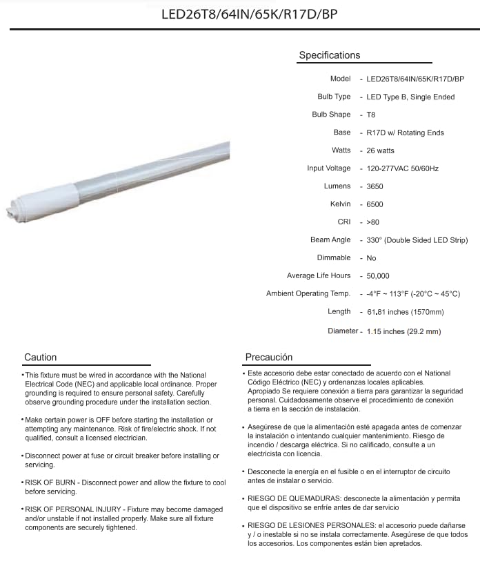 Damar- 5Ft T8 LED Tube Light Bulb Type B Bypass Single End 26W 3650 Lumens 6500K Daylight R17D Base with Rotating Ends 120-277VAC Pack of 10- Fluorescent Replacement for Garage Workshop Warehouse