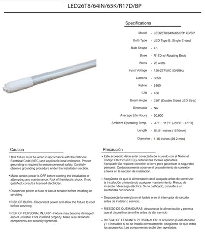 Damar- 5Ft T8 LED Tube Light Bulb Type B Bypass Single End 26W 3650 Lumens 6500K Daylight R17D Base with Rotating Ends 120-277VAC Pack of 10- Fluorescent Replacement for Garage Workshop Warehouse