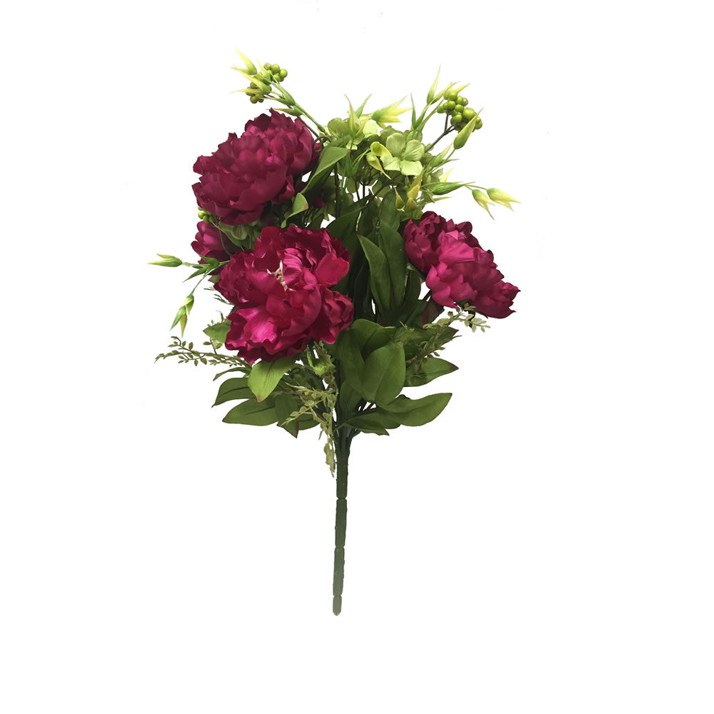 Vickerman 21" Artificial Dark Red and Green Mixed Peony and Hydrangea Bush.