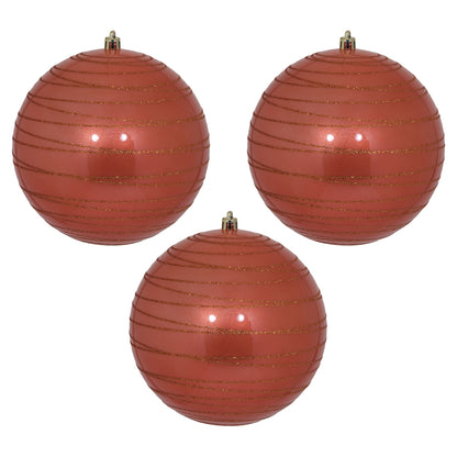 Vickerman 6" Coral Candy Finish Ball Ornament with Glitter Lines 3 per Bag