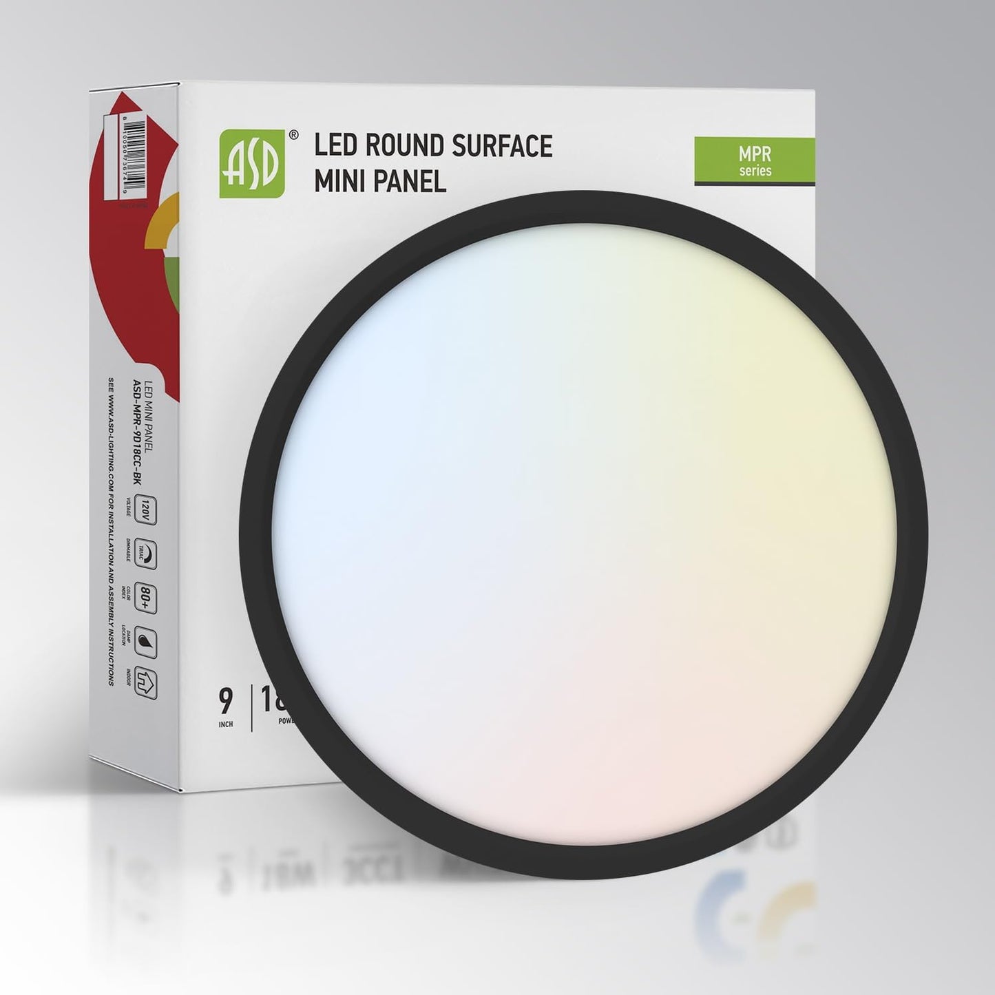 ASD Lighting LED Round Surface Mini Panel 9" 18W CCT Selectable 3000/4000/5000K Dimmable Black ETL Energy Star