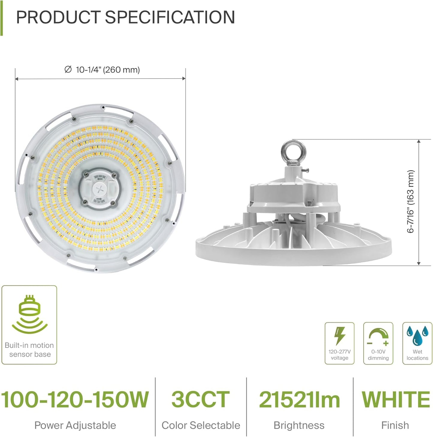 ASD Lighting Q-base LED UFO High Bay Power Adjustable 100/120/150W and CCT Selectable 3000/4000/5000K Dimmable White UL DLC Premium