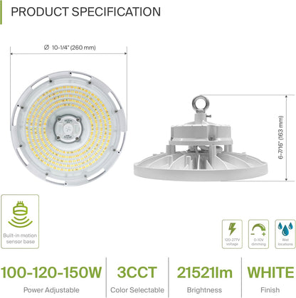 ASD Lighting Q-base LED UFO High Bay Power Adjustable 100/120/150W and CCT Selectable 3000/4000/5000K Dimmable White UL DLC Premium