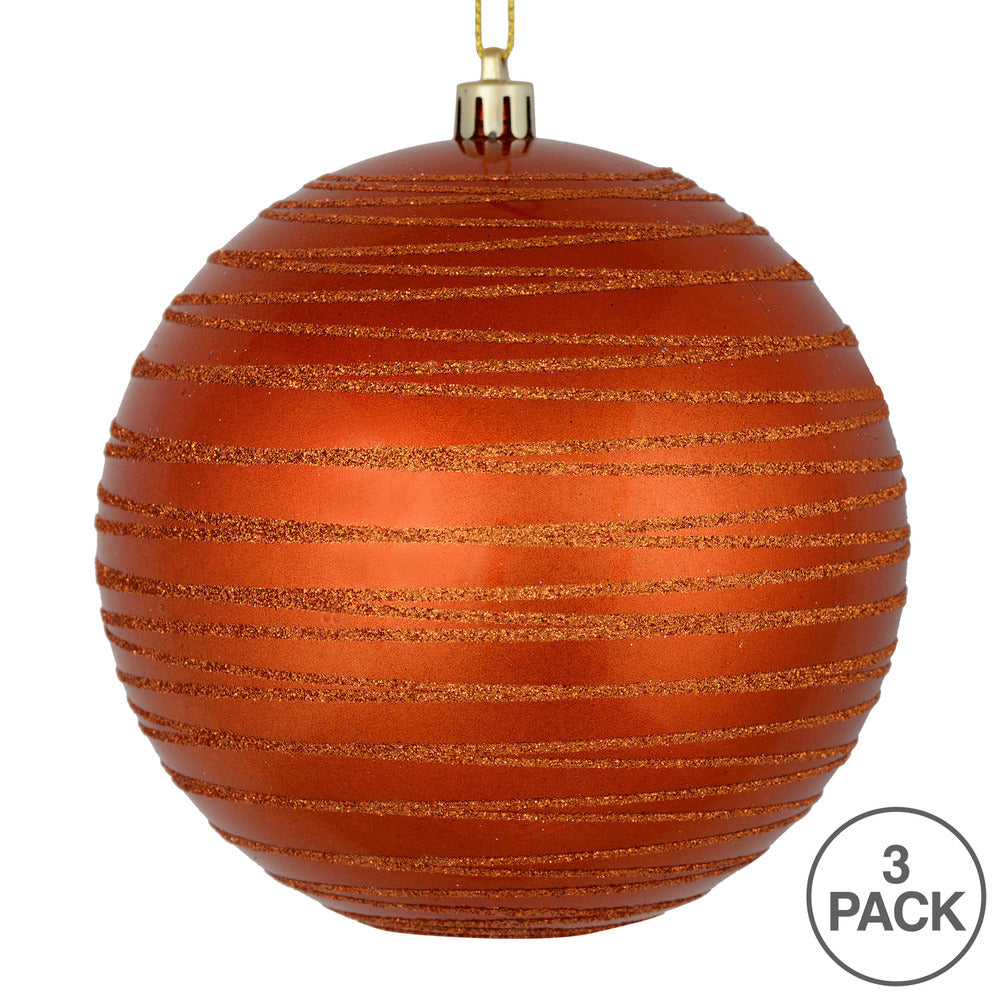 Vickerman 6" Burnished Orange Candy Finish Ball Ornament with Glitter Lines 3 per Bag