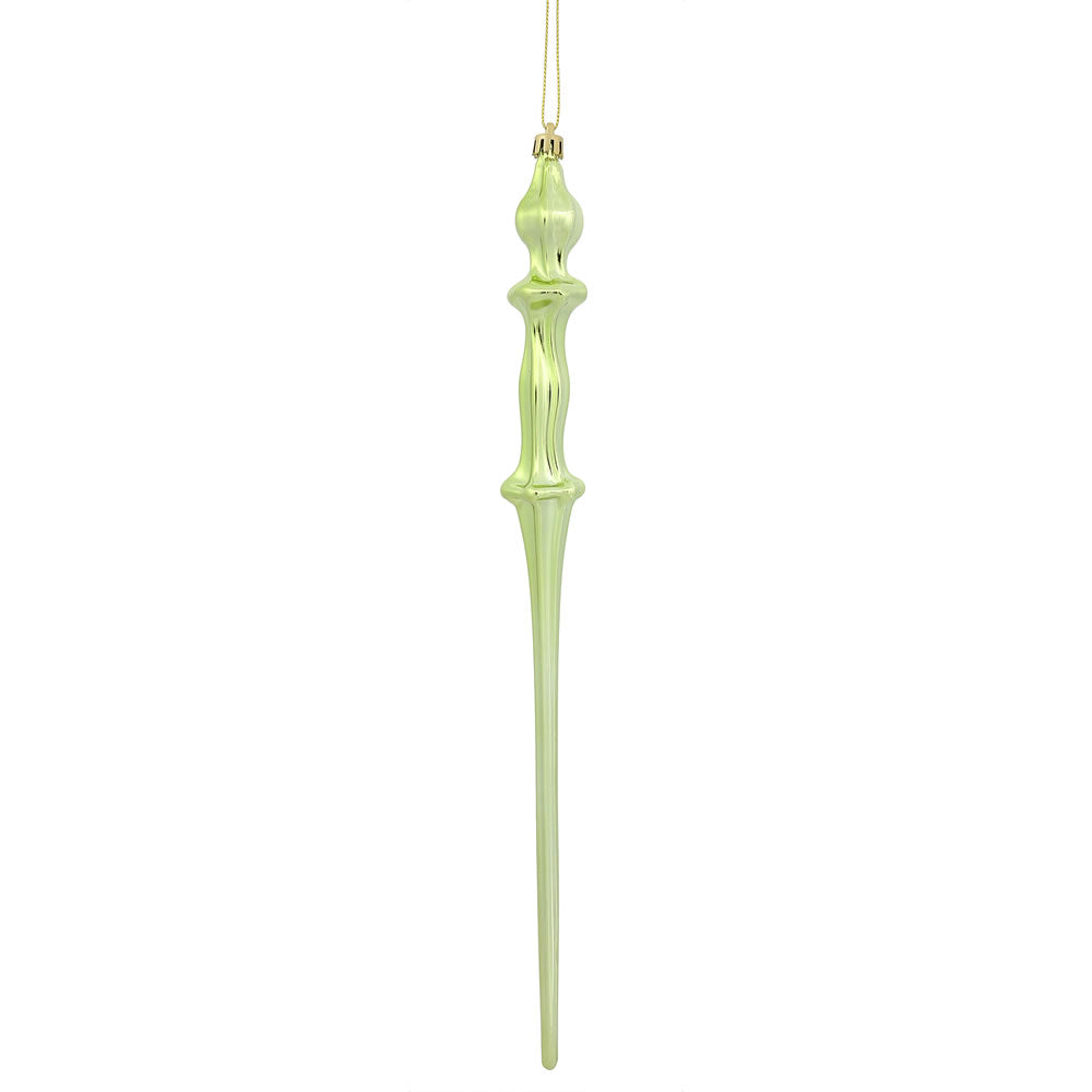 Vickerman 15.7" Celadon Shiny Icicle Ornament with drilled and wired caps. Comes 3 per Box.