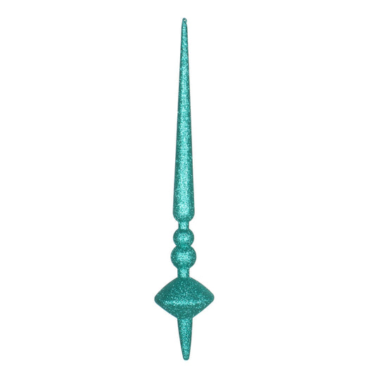 Vickerman 18" Teal Glitter Cupola Finial. This long finial ornament adds depth and texture to any holiday decorating project. Made with shatterproof plastic.