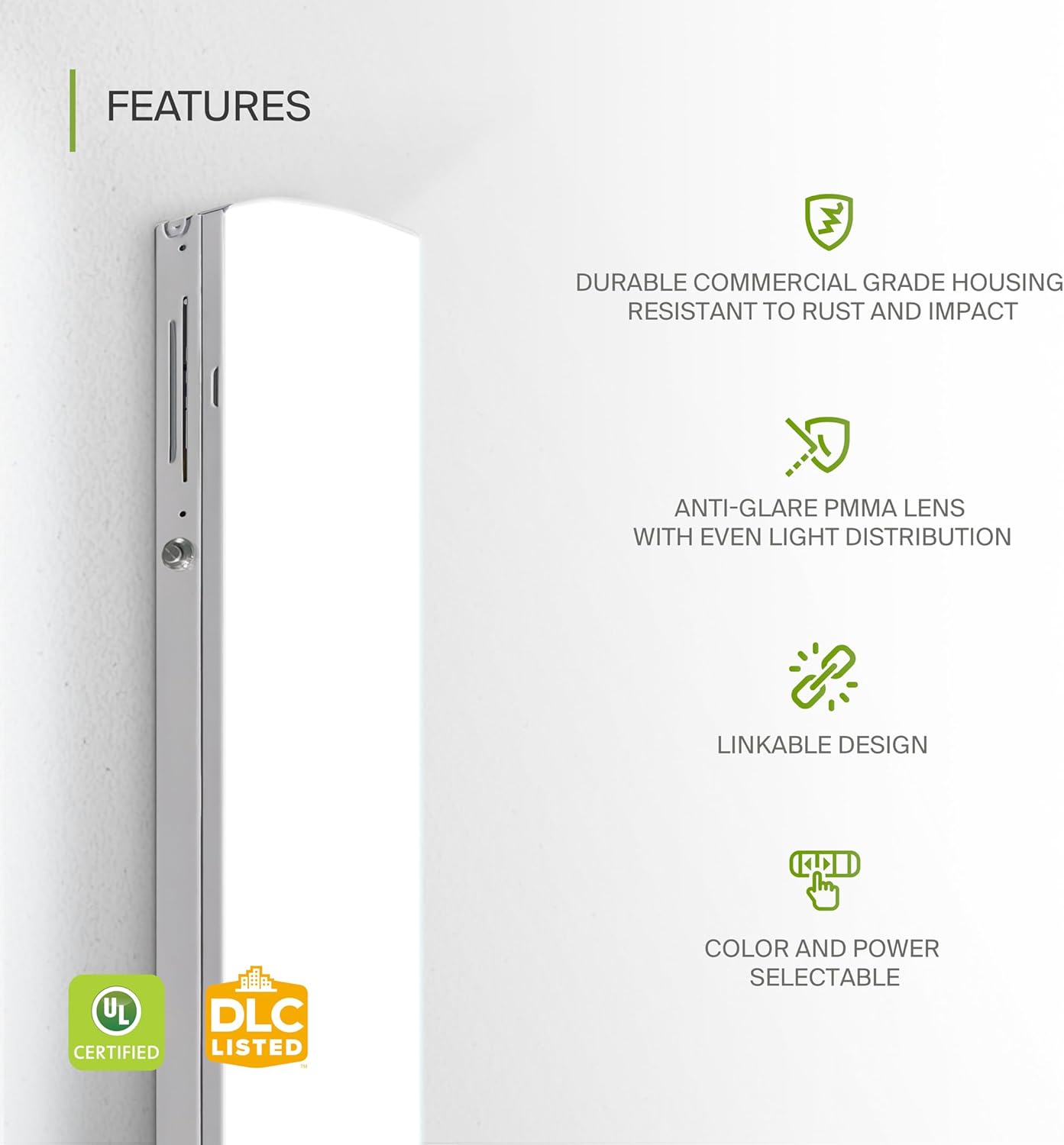 ASD Lighting LED Striplight Fixture with Q-base 8feet Power Adjustable 65/75/90W 120-277V CCT Selectable 3500/4000/5000K with Battery back-up 15W Dimmable White UL DLC Standard