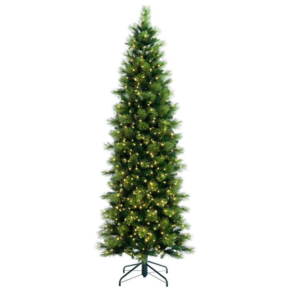 Vickerman 6.5' x 30" Slim Emerald Mixed Fir Artificial Pre-Lit Christmas Tree with 300 Dura-Lit® Warm White LED Mini Lights and 862 Realistic Mixed Fir Tips.  The tree features Dura-Lit® technology ensuring that if one bulb goes out, the rest stay lit. Th