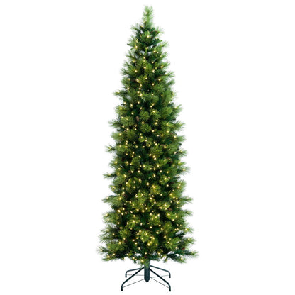 Vickerman 6.5' x 30" Slim Emerald Mixed Fir Artificial Pre-Lit Christmas Tree with 300 Dura-Lit® Warm White LED Mini Lights and 862 Realistic Mixed Fir Tips.  The tree features Dura-Lit® technology ensuring that if one bulb goes out, the rest stay lit. Th