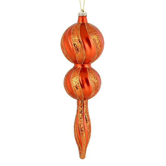 Vickerman 16.5" Burnished Orange Candy Glitter Finial. Create a beautiful holiday arrangement with this large Candy finial that features glitter accents. Made with shatterproof plastic. Ornament has a drilled cap secured with green floral wire.