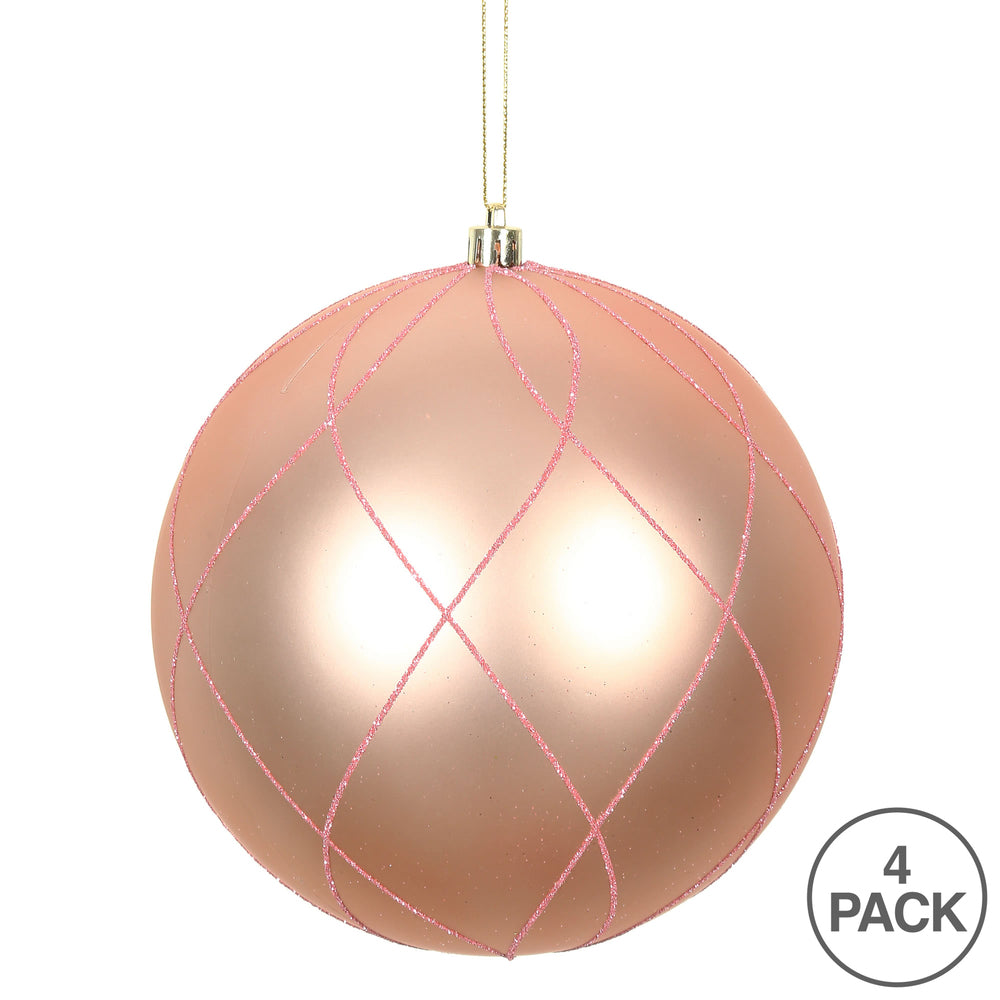 Vickerman 4" Rose Gold Matte and Glitter Swirl Ball Ornament 4 per Box