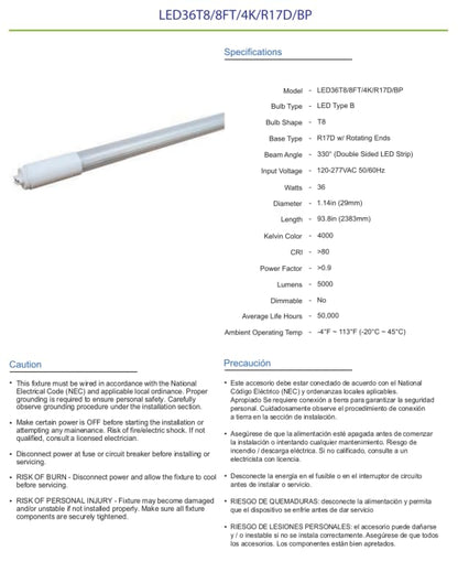 Damar- 8Ft T8 LED Tube Light Bulb Type B Ballast Bypass Single End 36W 5000 Lumens 4000K Cool White R17D Base with Rotating Ends 120-277VAC Pack of 10- Fluorescent Replacement for Garage Workshop