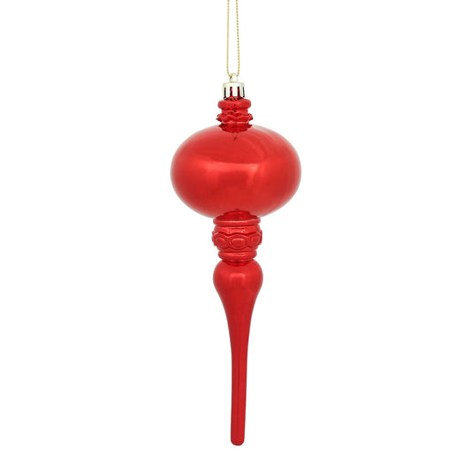 Vickerman 8" x 2.75" Red Shiny Finial Ornament with drilled and wired caps. Comes 3 per Bag.