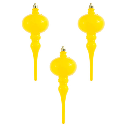 Vickerman 8" x 2.75" Yellow Shiny Finial Ornament with drilled and wired caps. Comes 3/bag.