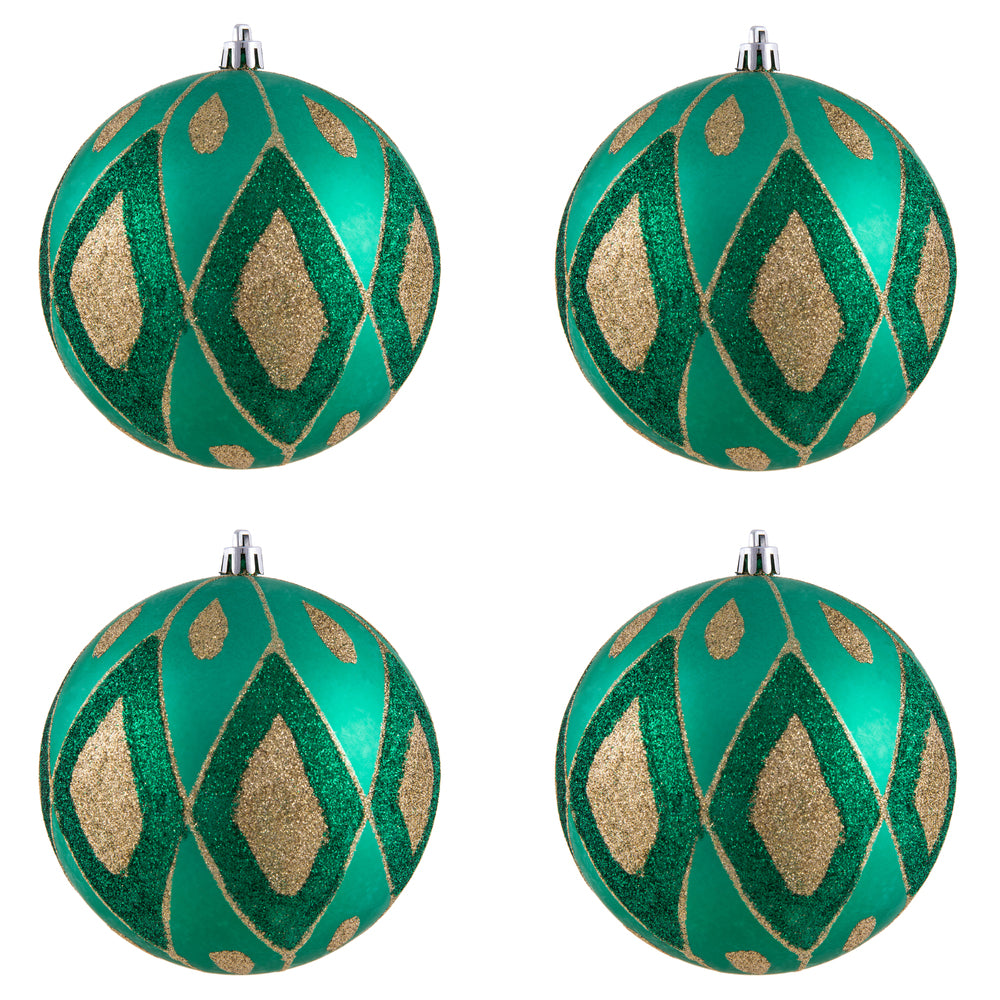 Vickerman 4.75" Seafoam Green Matte Ball with Glitter Diamond Pattern. Add variety and sparkle to your holiday arrangement with this matte ornament that features a glitter pattern. Includes 4 pieces per bag. Made with shatterproof plastic. Ornament has a