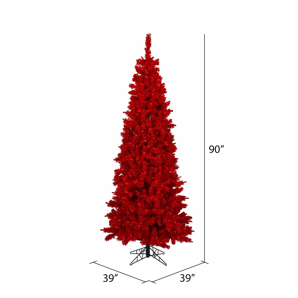 Vickerman 7.5' x 39" Flocked Red Slim Fir Artificial Christmas Tree Red Dura-lit LED Lights