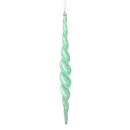 Vickerman 14.6" Seafoam Shiny Spiral Icicle Ornament with drilled and wired caps. Comes 2 per Box.