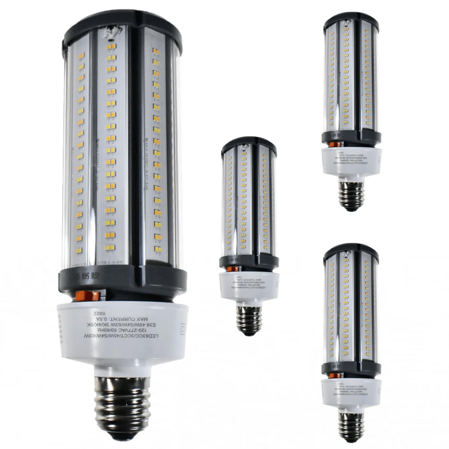 Damar- LED Corn Cob Post Top Bright Light Bulb Type B Ballast Bypass 45W/54W/63W E39 Mogul Base 30K/40K/50K Color Selectable 6300/7560/8820 Lumens Dimmable 120-277VAC Pack of 4- For Warehouse Garage
