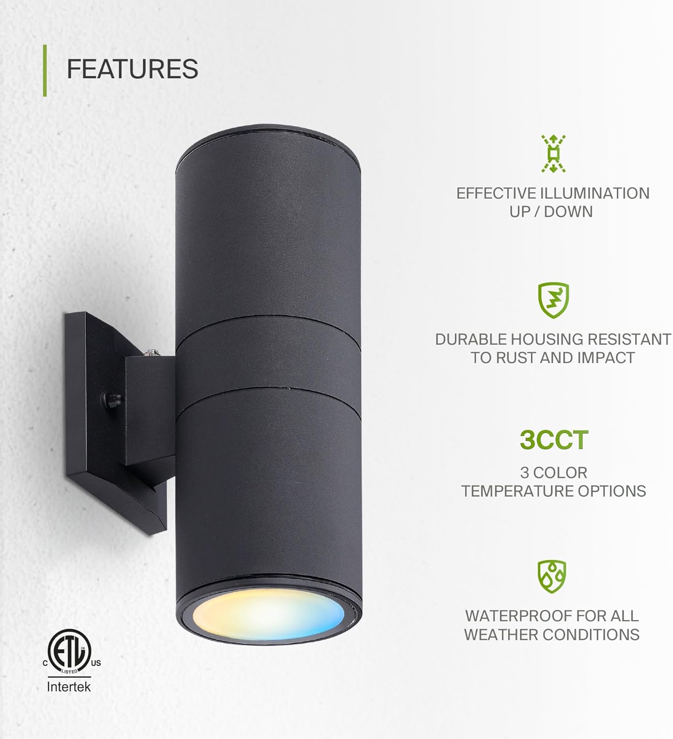 ASD Lighting LED Round Outdoor Wall Cylinder Up and Down 18W CCT Selectable 3000/4000/5000K with Photocell Black ETL