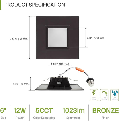 ASD Lighting LED Square Downlight Retrofit Kit 6" 12W 120V CCT Selectable 2700/3000/3500/4000/5000K Dimmable PC, Baffle Trim, Oil Rubbed Bronze UL 6pack