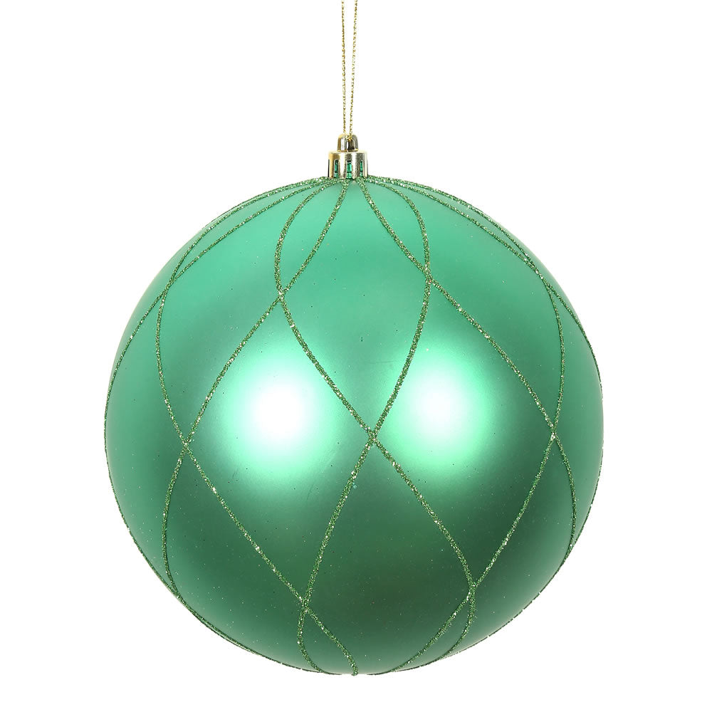 Vickerman 4" Seafoam Matte and Glitter Swirl Ball Ornament with drilled and wired caps. Comes 4/box.