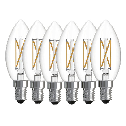 Bulbrite 776232 LED Filament Pack of 6, 5.1 Watt Dimmable B11 Light Bulb with Clear Finish and Candelabra Screw E12 Base - 2700K(Warm White Light), 500 lumens