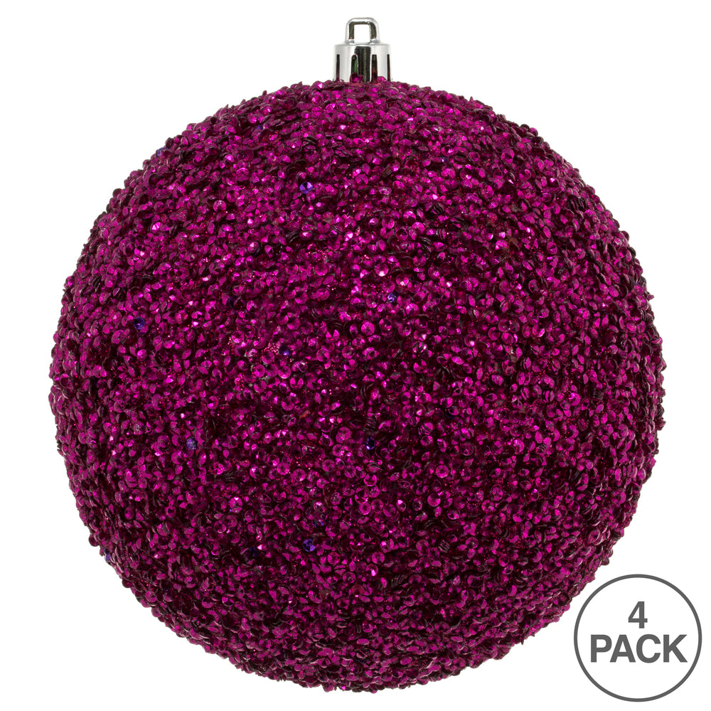 Vickerman 6" Fuchsia Beaded Ball Ornament 4 per Bag