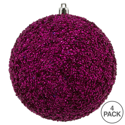 Vickerman 6" Fuchsia Beaded Ball Ornament 4 per Bag