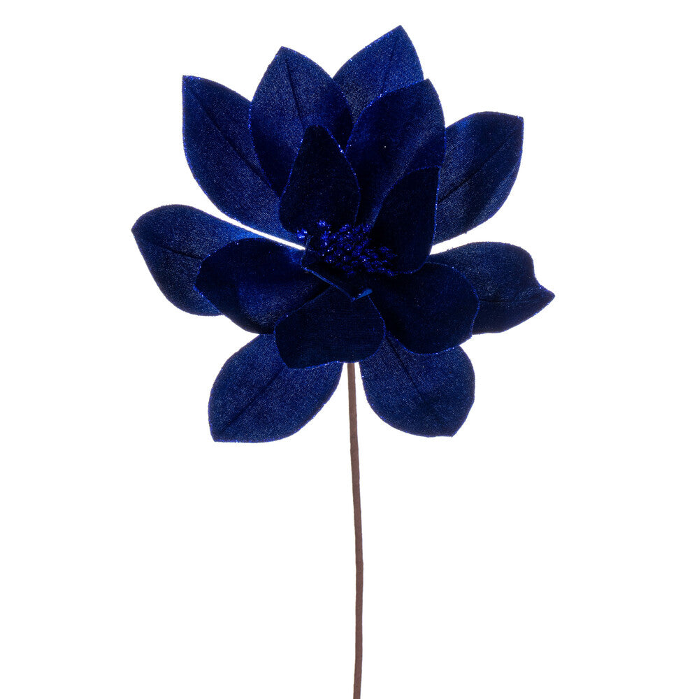 Vickerman 22" Blue Velvet Sheen Glitter Trim Poinsettia Stem 4 per bag.