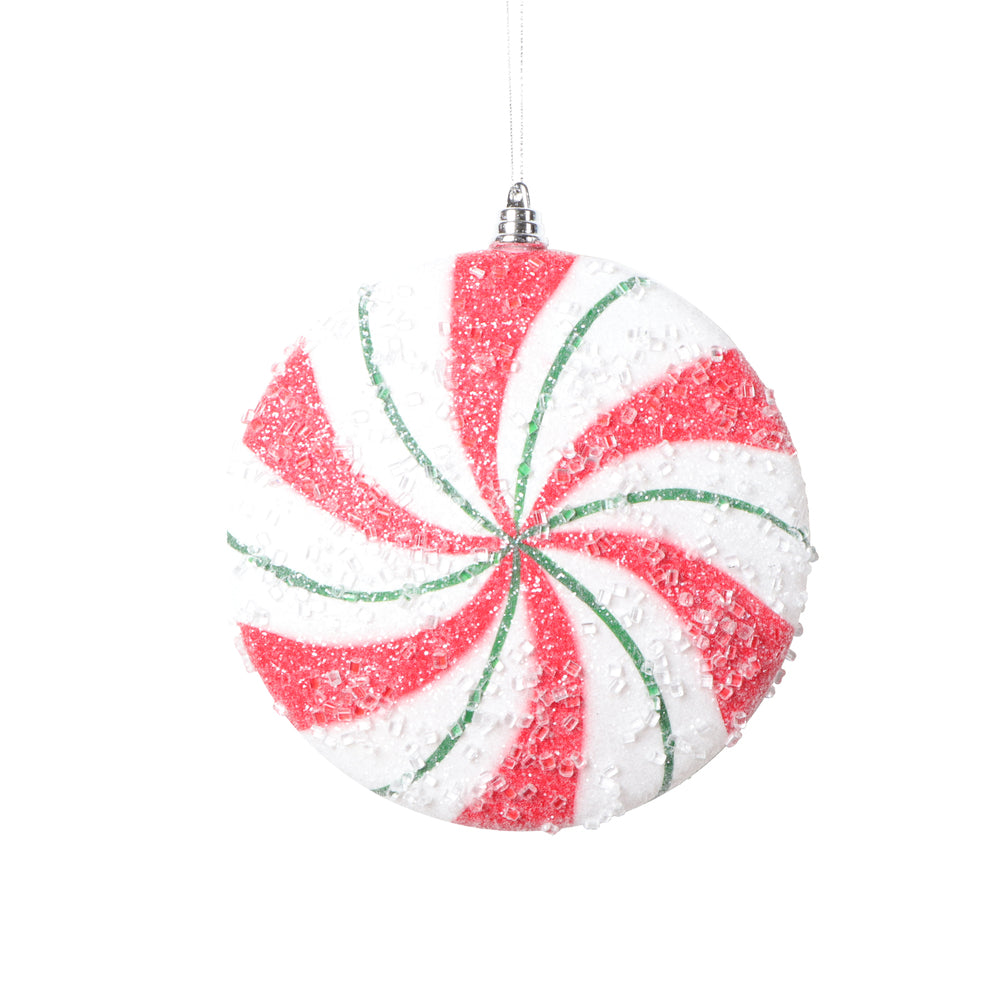 Vickerman 6" White Red Green Swirl Flat Ball Ornament 2 per bag.