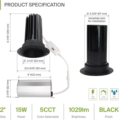 ASD Lighting LED Trimless Downlight Round 2inch 15W 120V Triac 2700/3000/3500/4000/5000K Black ETL Energy Star