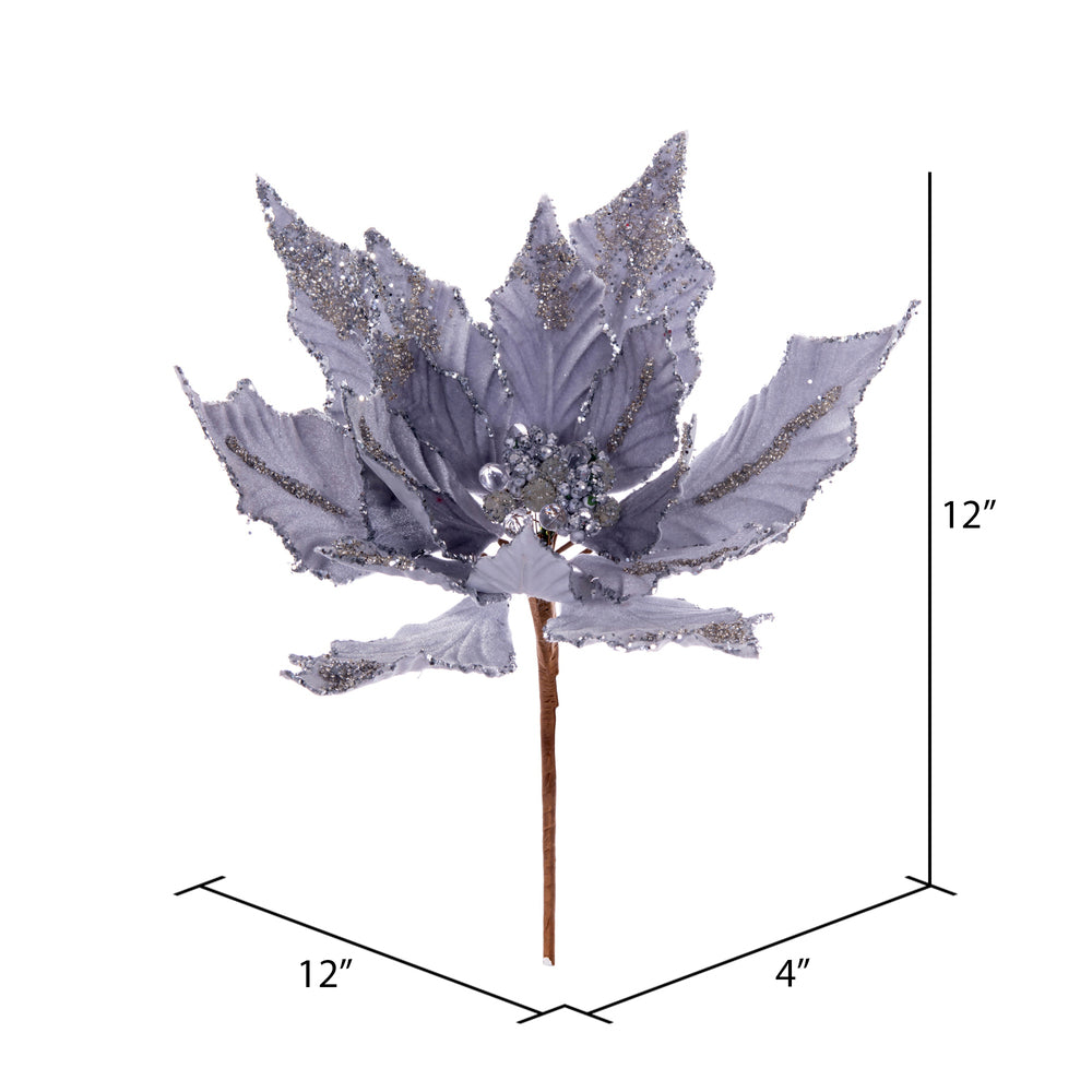 Vickerman 14" Artificial Silver Double Sided Velvet Poinsettia Christmas Pick