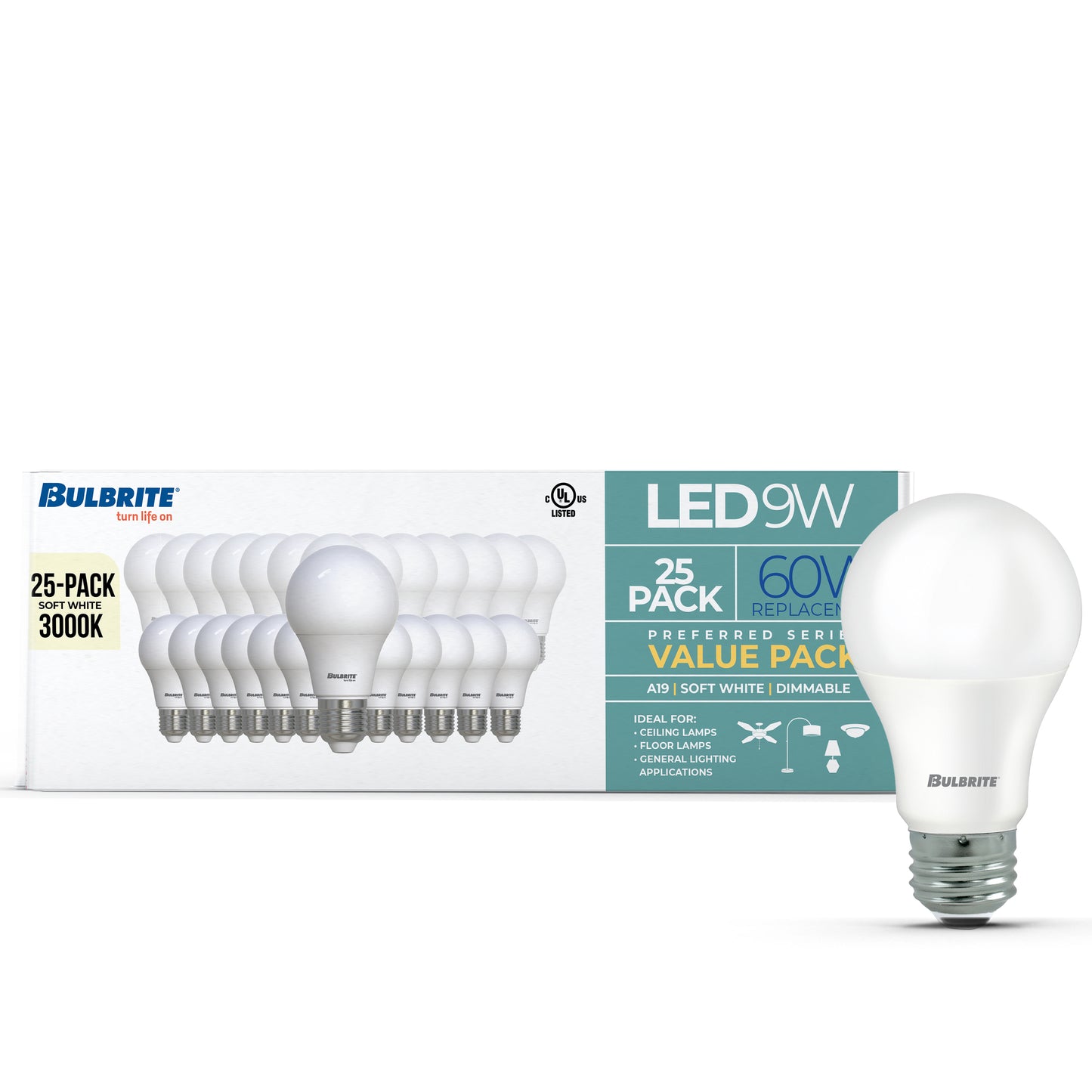 Bulbrite 774258 LED Filament Pack of 25, 9 Watt Dimmable A19 Light Bulb with Frost Finish and Medium Screw E26 Base - 3000K(Soft White Light), 800 lumens